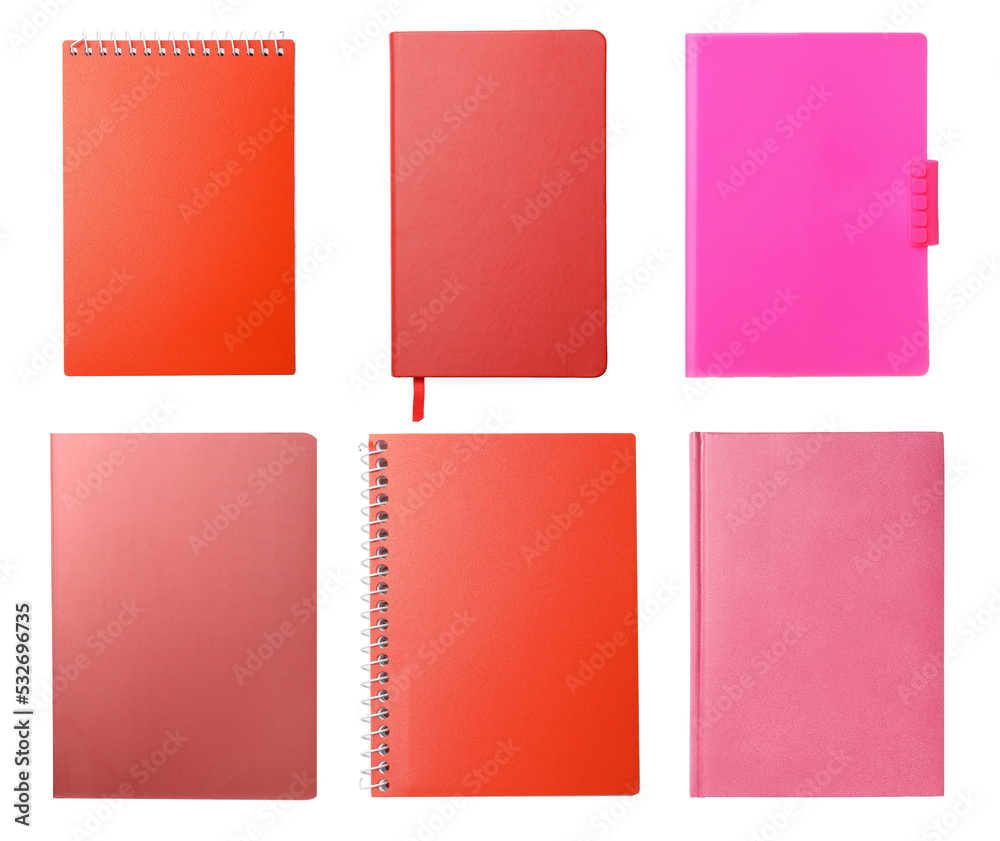Set with stylish colorful notebooks on white background, top view Set with stylish colorful notebooks on white background, top view