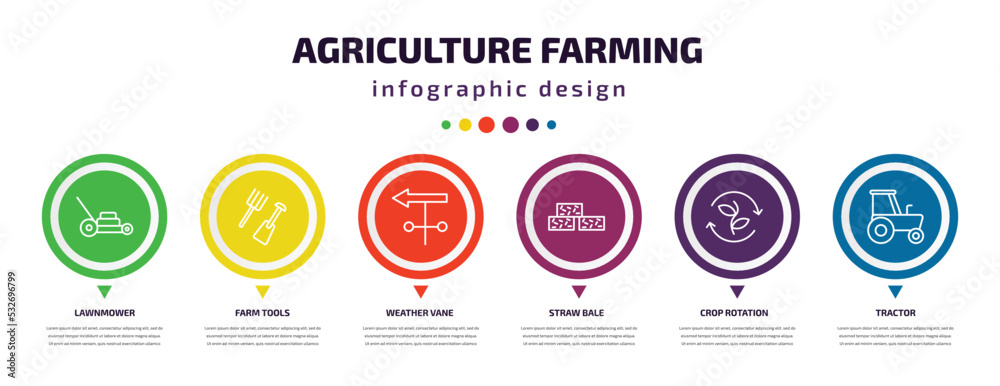 agriculture farming infographic element with icons and 6 step or option. agriculture farming icons such as lawnmower, farm tools, weather vane, straw bale, crop rotation, tractor vector. can be used agriculture farming infographic element with icons and 6 step or option. agriculture farming icons such as lawnmower, farm tools, weather vane, straw bale, crop rotation, tractor vector. can be used
