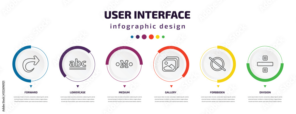 user interface infographic element with icons and 6 step or option. user interface icons such as forward, lowercase, medium, gallery, forbbiden, division vector. can be used for banner, info graph, user interface infographic element with icons and 6 step or option. user interface icons such as forward, lowercase, medium, gallery, forbbiden, division vector. can be used for banner, info graph,