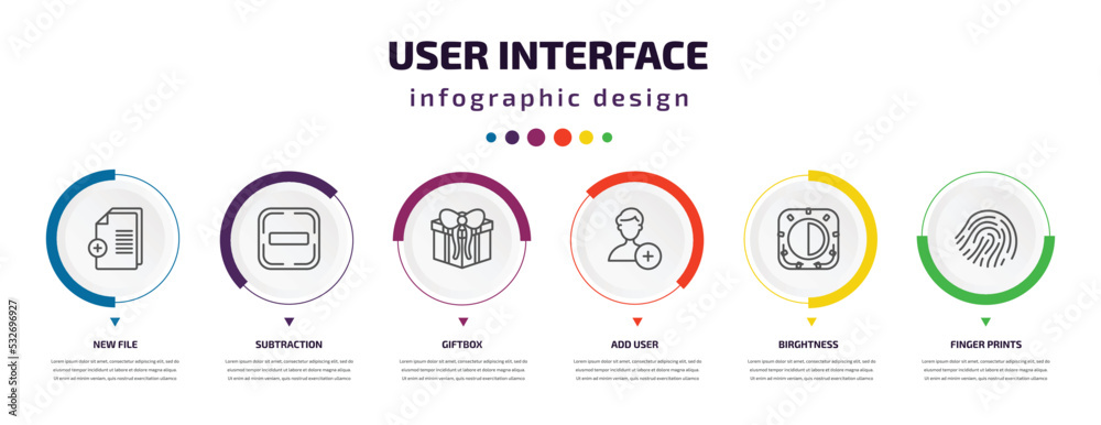 user interface infographic element with icons and 6 step or option. user interface icons such as new file, subtraction, giftbox, add user, birghtness, finger prints vector. can be used for banner,
