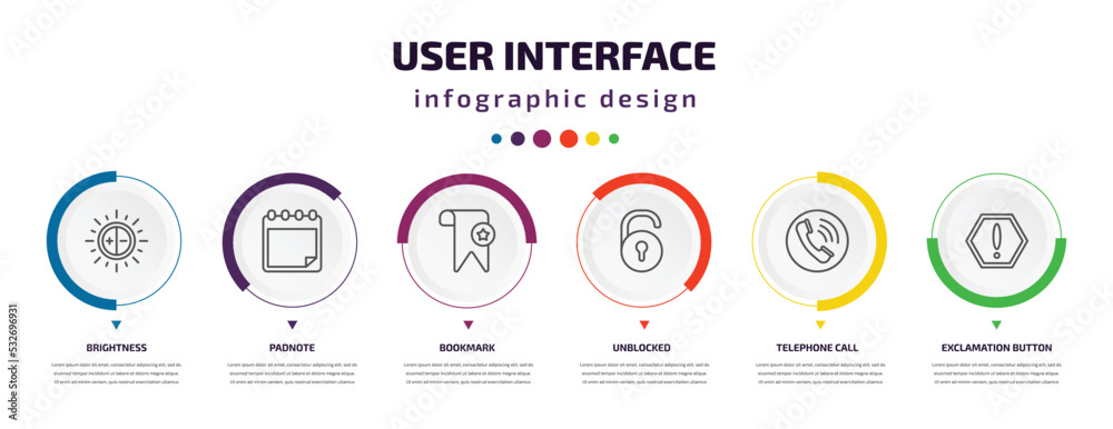 user interface infographic element with icons and 6 step or option. user interface icons such as brightness, padnote, bookmark, unblocked, telephone call, exclamation button vector. can be used for user interface infographic element with icons and 6 step or option. user interface icons such as brightness, padnote, bookmark, unblocked, telephone call, exclamation button vector. can be used for