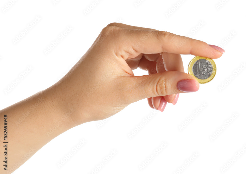 Woman holding one coin against white background, closeup Woman holding one coin against white background, closeup