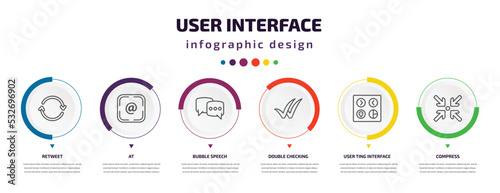 user interface infographic element with icons and 6 step or option. user interface icons such as retweet, at, bubble speech, double checking, user ting interface, compress vector. can be used for