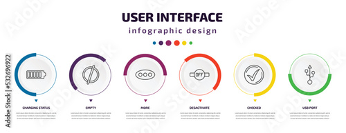 user interface infographic element with icons and 6 step or option. user interface icons such as charging status, empty, more, desactivate, checked, usb port vector. can be used for banner, info