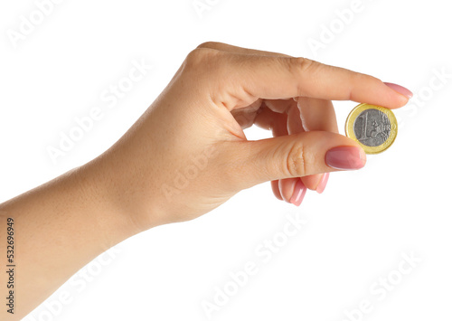 Woman holding one coin against white background, closeup