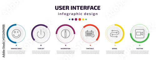 user interface infographic element with icons and 6 step or option. user interface icons such as winking smile, turn off, information, timetable, wiring, facetime vector. can be used for banner,