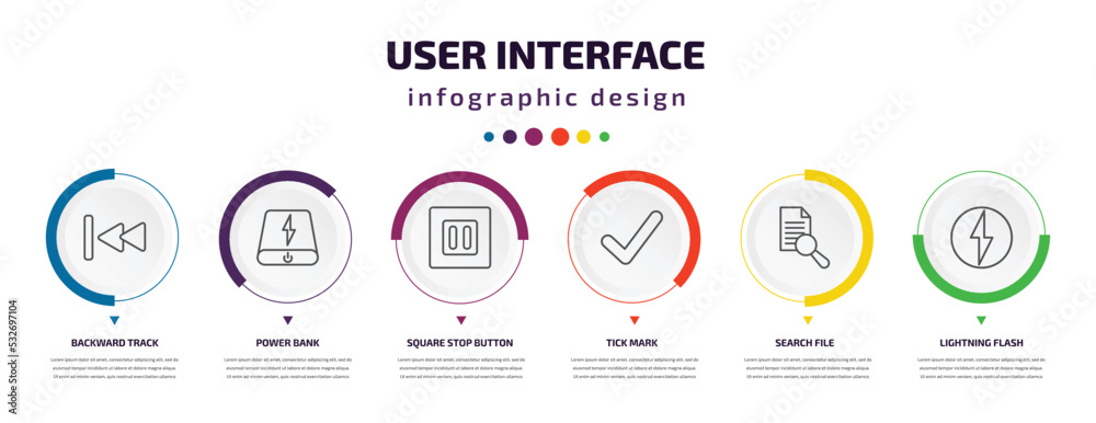 user interface infographic element with icons and 6 step or option. user interface icons such as backward track, power bank, square stop button, tick mark, search file, lightning flash vector. can user interface infographic element with icons and 6 step or option. user interface icons such as backward track, power bank, square stop button, tick mark, search file, lightning flash vector. can