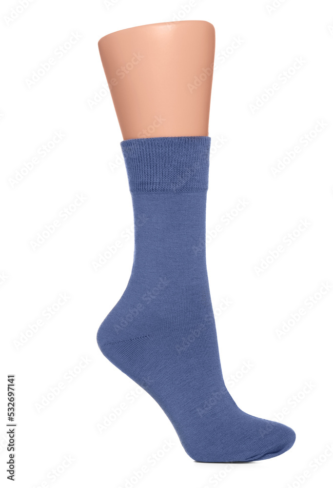 Blue sock isolated on white. Footwear accessory Blue sock isolated on white. Footwear accessory