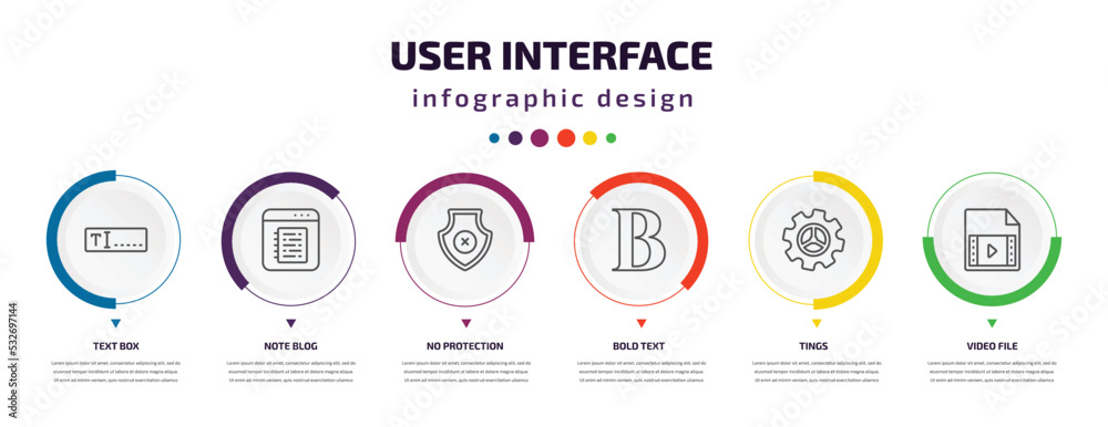 user interface infographic element with icons and 6 step or option. user interface icons such as text box, note blog, no protection, bold text, tings, video file vector. can be used for banner, info user interface infographic element with icons and 6 step or option. user interface icons such as text box, note blog, no protection, bold text, tings, video file vector. can be used for banner, info