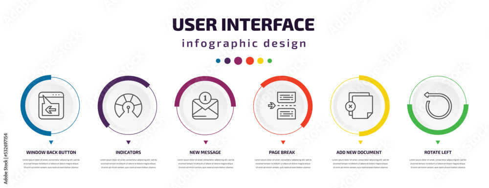 user interface infographic element with icons and 6 step or option. user interface icons such as window back button, indicators, new message, page break, add new document, rotate left vector. can be user interface infographic element with icons and 6 step or option. user interface icons such as window back button, indicators, new message, page break, add new document, rotate left vector. can be