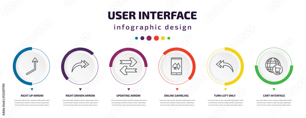 user interface infographic element with icons and 6 step or option. user interface icons such as right up arrow, right drawn arrow, updating arrow, online gambling, turn left only, cart interface user interface infographic element with icons and 6 step or option. user interface icons such as right up arrow, right drawn arrow, updating arrow, online gambling, turn left only, cart interface