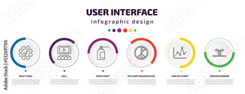 user interface infographic element with icons and 6 step or option. user interface icons such as right tings, hall, spray paint, pie chart organization, line dot chart, crossed arrows vector. can be