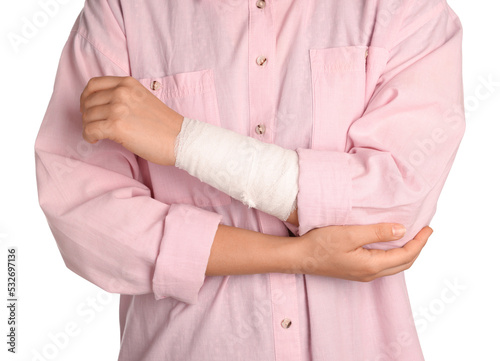 Woman with wrist wrapped in medical bandage on white background, closeup