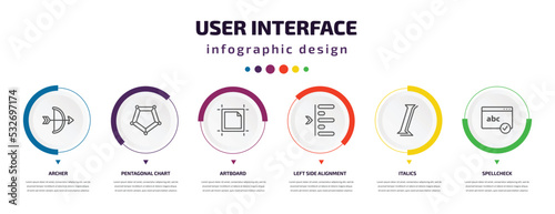 user interface infographic element with icons and 6 step or option. user interface icons such as archer, pentagonal chart, artboard, left side alignment, italics, spellcheck vector. can be used for