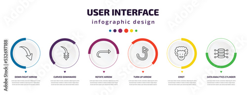 user interface infographic element with icons and 6 step or option. user interface icons such as down right arrow, curved downward arrow, rotate arrow, turn up emot, data analytics cylinder vector.