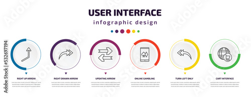 user interface infographic element with icons and 6 step or option. user interface icons such as right up arrow, right drawn arrow, updating arrow, online gambling, turn left only, cart interface