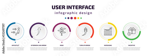 user interface infographic element with icons and 6 step or option. user interface icons such as air outlet, up broken line arrow, road, turn up arrow, increasing, incentive vector. can be used for