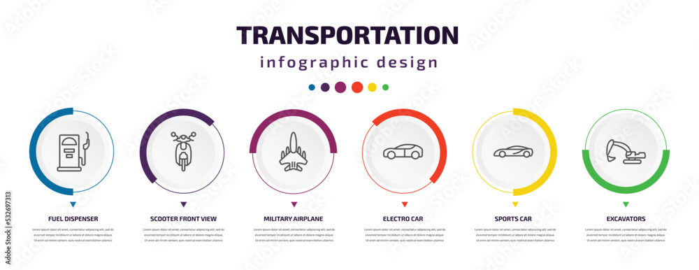transportation infographic element with icons and 6 step or option. transportation icons such as fuel dispenser, scooter front view, military airplane, electro car, sports car, excavators vector. transportation infographic element with icons and 6 step or option. transportation icons such as fuel dispenser, scooter front view, military airplane, electro car, sports car, excavators vector.