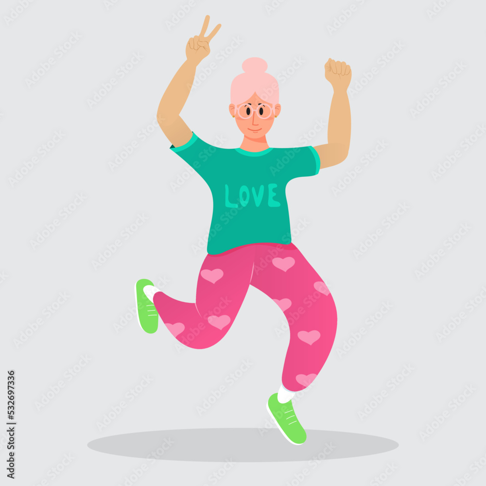 The girl jumps for joy, arms outstretched. Vector illustration in a flat style.