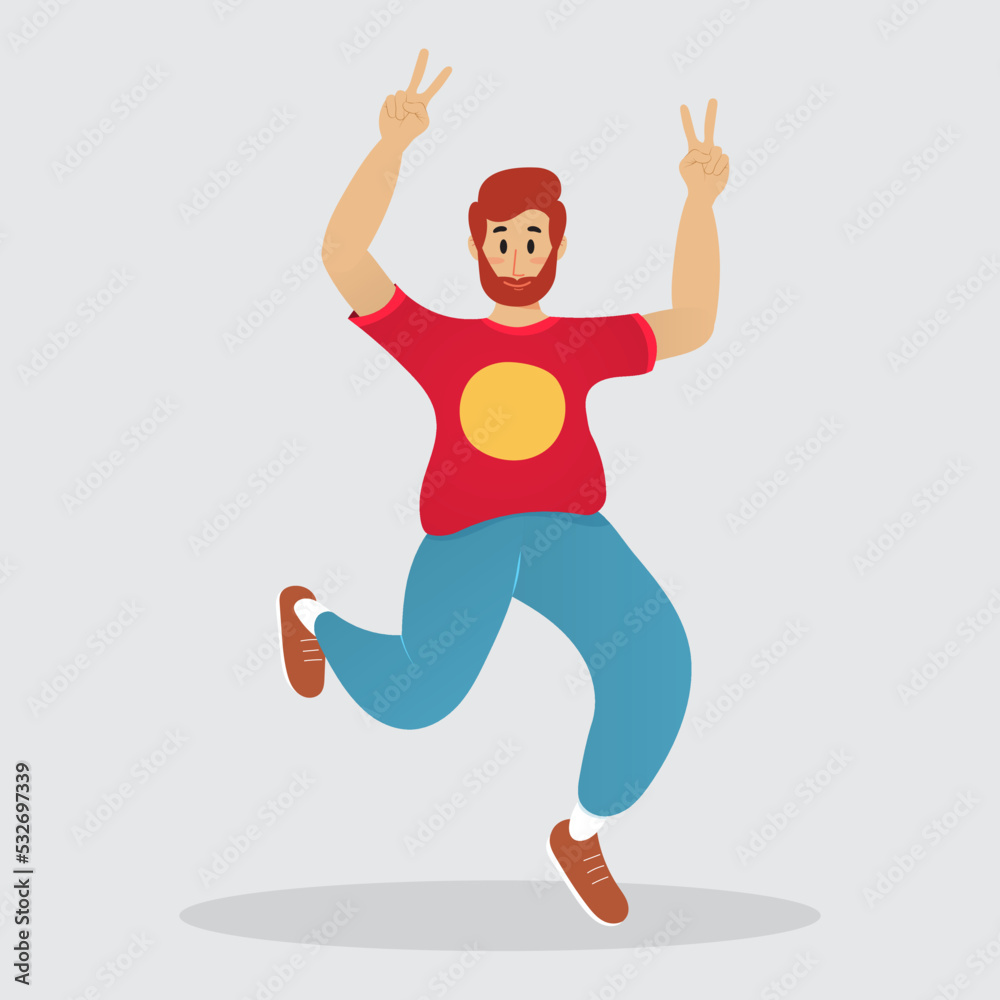 A happy man jumps for joy with his arms outstretched. Vector illustration in a flat style.