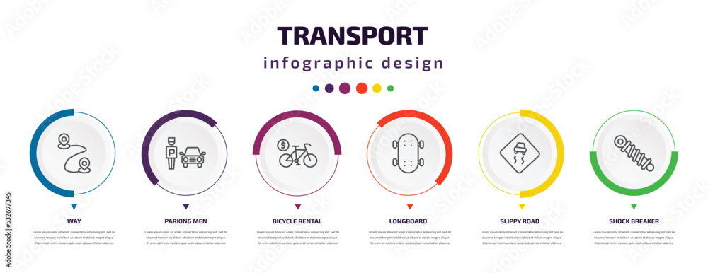 transport infographic element with icons and 6 step or option. transport icons such as way, parking men, bicycle rental, longboard, slippy road, shock breaker vector. can be used for banner, info transport infographic element with icons and 6 step or option. transport icons such as way, parking men, bicycle rental, longboard, slippy road, shock breaker vector. can be used for banner, info