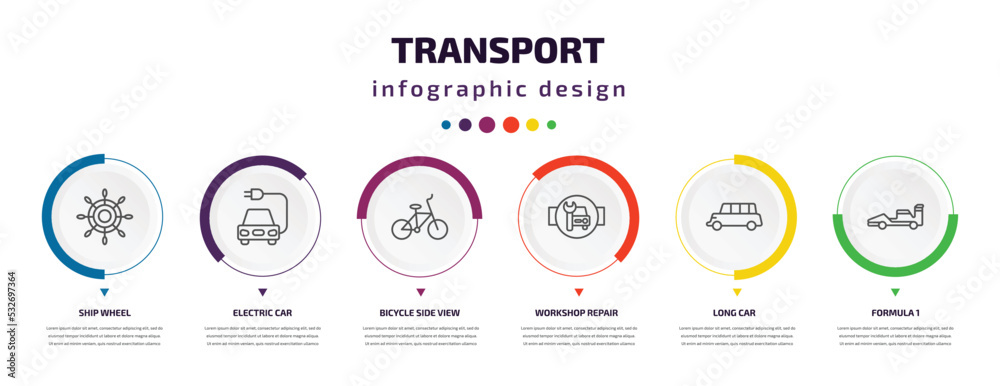transport infographic element with icons and 6 step or option. transport icons such as ship wheel, electric car, bicycle side view, workshop repair, long car, formula 1 vector. can be used for transport infographic element with icons and 6 step or option. transport icons such as ship wheel, electric car, bicycle side view, workshop repair, long car, formula 1 vector. can be used for
