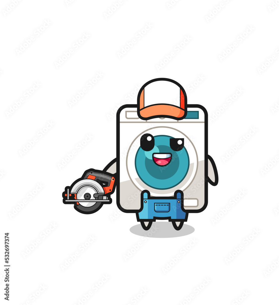 the woodworker washing machine mascot holding a circular saw