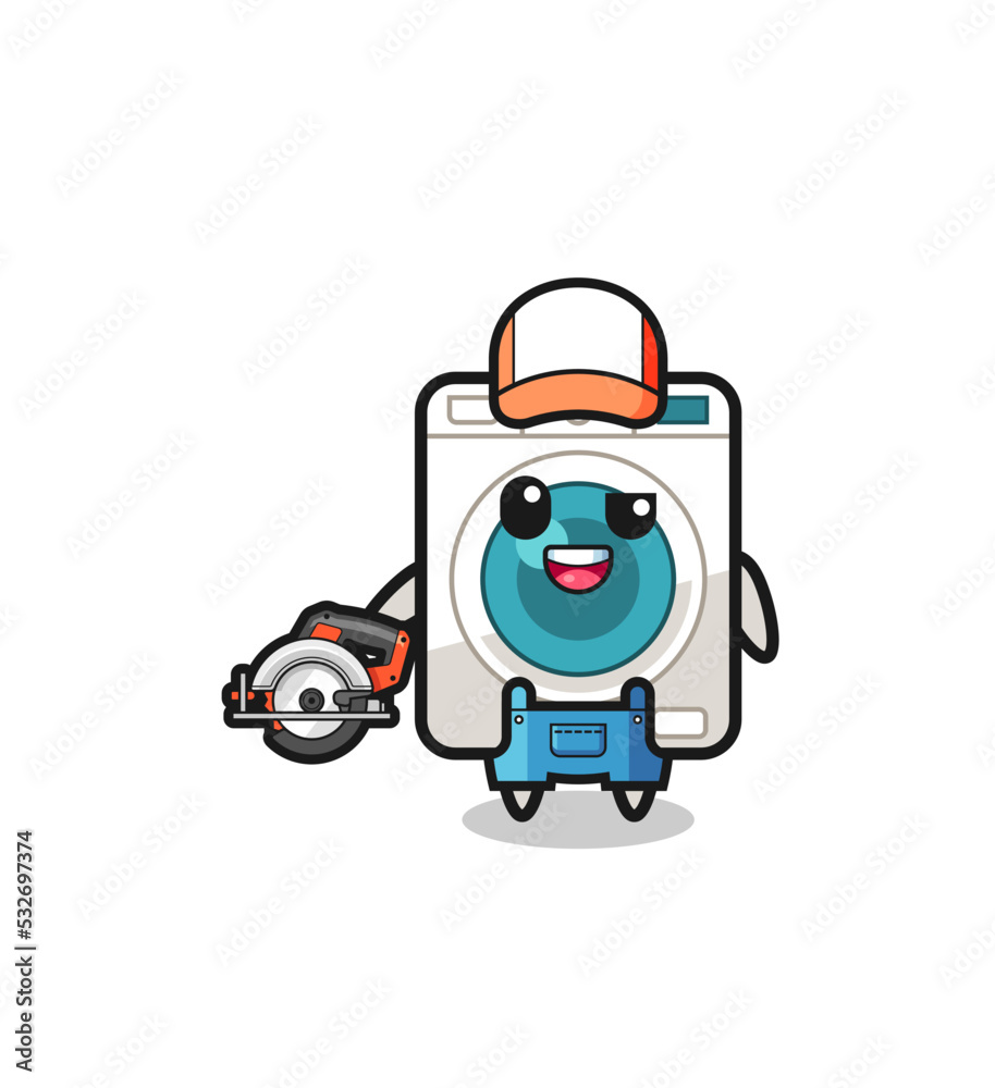 the woodworker washing machine mascot holding a circular saw the woodworker washing machine mascot holding a circular saw