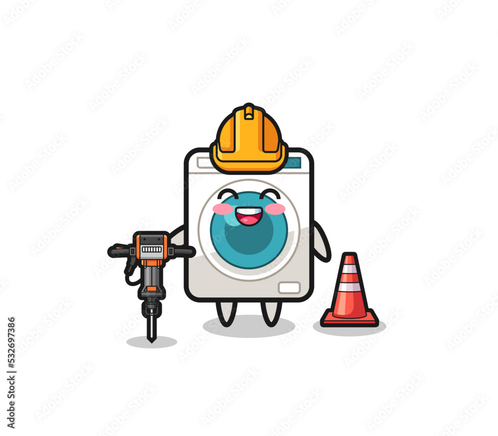 road worker mascot of washing machine holding drill machine