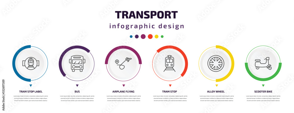 transport infographic element with icons and 6 step or option. transport icons such as tram stop label, bus, airplane flying, tram stop, alloy wheel, scooter bike vector. can be used for banner, transport infographic element with icons and 6 step or option. transport icons such as tram stop label, bus, airplane flying, tram stop, alloy wheel, scooter bike vector. can be used for banner,