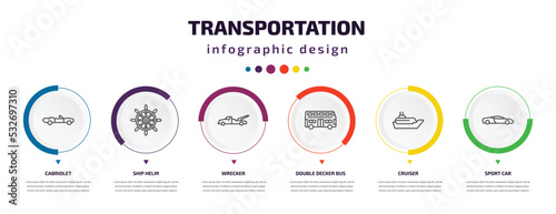 transportation infographic element with icons and 6 step or option. transportation icons such as cabriolet, ship helm, wrecker, double decker bus, cruiser, sport car vector. can be used for banner,