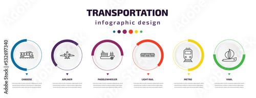 transportation infographic element with icons and 6 step or option. transportation icons such as caboose, airliner, paddlewheeler, light rail, metro, yawl vector. can be used for banner, info graph,