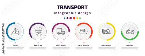 transport infographic element with icons and 6 step or option. transport icons such as sailing, babysitter, heavy vehicle, yacht navigate, road sweeper, quad bike vector. can be used for banner,