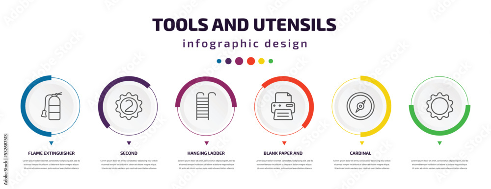 tools and utensils infographic element with icons and 6 step or option. tools and utensils icons such as flame extinguisher, second, hanging ladder, blank paper printer, cardinal, vector. can be tools and utensils infographic element with icons and 6 step or option. tools and utensils icons such as flame extinguisher, second, hanging ladder, blank paper printer, cardinal, vector. can be