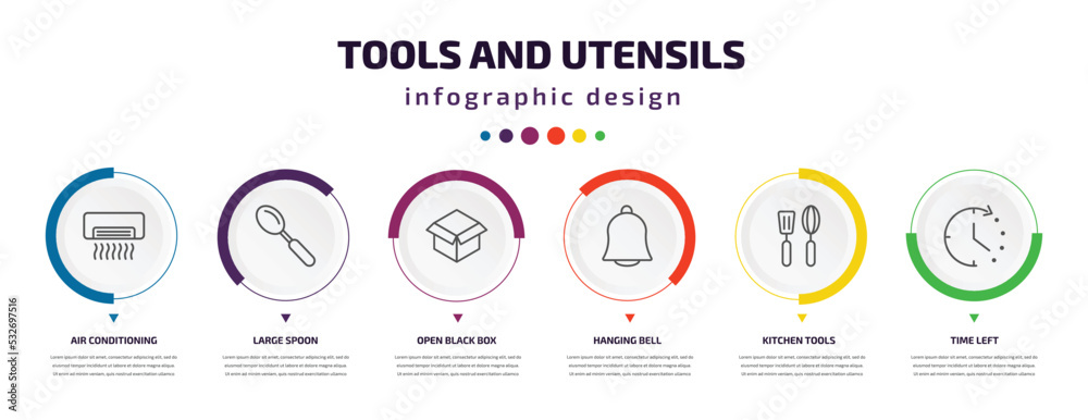 tools and utensils infographic element with icons and 6 step or option. tools and utensils icons such as air conditioning, large spoon, open black box, hanging bell, kitchen tools, time left vector. tools and utensils infographic element with icons and 6 step or option. tools and utensils icons such as air conditioning, large spoon, open black box, hanging bell, kitchen tools, time left vector.