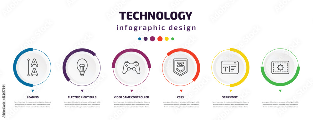 technology infographic element with icons and 6 step or option. technology icons such as leading, electric light bulb, video game controller, css3, serif font, vector. can be used for banner, info technology infographic element with icons and 6 step or option. technology icons such as leading, electric light bulb, video game controller, css3, serif font, vector. can be used for banner, info