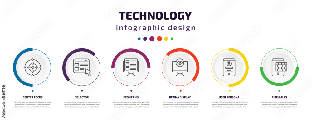 technology infographic element with icons and 6 step or option. technology icons such as center focus, selector, front end, retina display, user persona, firewalls vector. can be used for banner, technology infographic element with icons and 6 step or option. technology icons such as center focus, selector, front end, retina display, user persona, firewalls vector. can be used for banner,