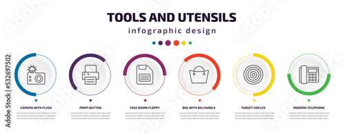 tools and utensils infographic element with icons and 6 step or option. tools and utensils icons such as camera with flash, print button, face down floppy disk, bag with big handle, target circles,