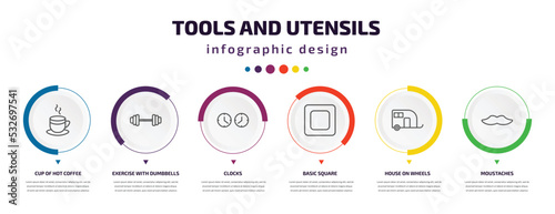 tools and utensils infographic element with icons and 6 step or option. tools and utensils icons such as cup of hot coffee, exercise with dumbbells, clocks, basic square, house on wheels, moustaches