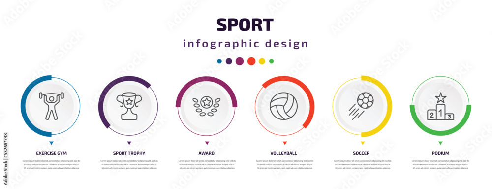 sport infographic element with icons and 6 step or option. sport icons such as exercise gym, sport trophy, award, volleyball, soccer, podium vector. can be used for banner, info graph, web,