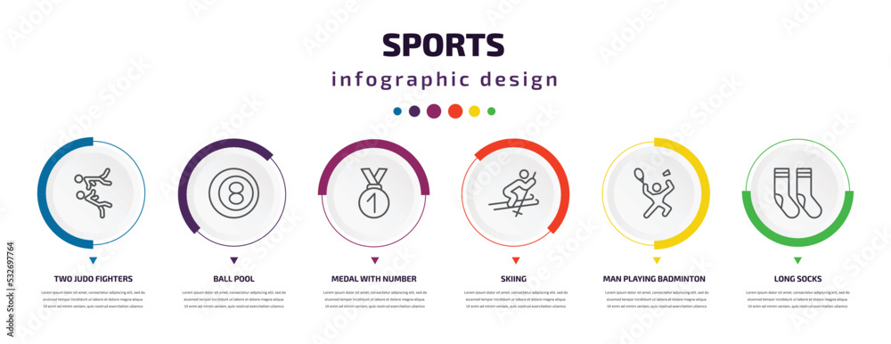 sports infographic element with icons and 6 step or option. sports icons such as two judo fighters, ball pool, medal with number 1, skiing, man playing badminton, long socks vector. can be used for
