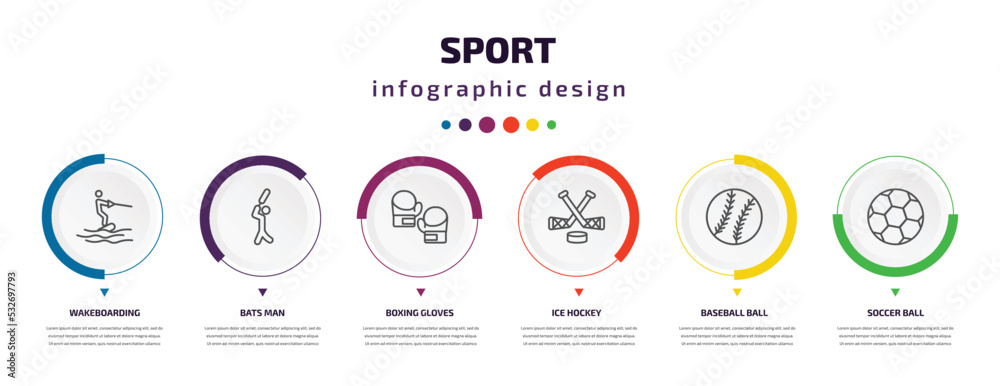 sport infographic element with icons and 6 step or option. sport icons such as wakeboarding, bats man, boxing gloves, ice hockey, baseball ball, soccer ball vector. can be used for banner, info sport infographic element with icons and 6 step or option. sport icons such as wakeboarding, bats man, boxing gloves, ice hockey, baseball ball, soccer ball vector. can be used for banner, info