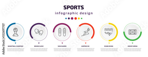 sports infographic element with icons and 6 step or option. sports icons such as basketball champion, boxing glove, shin guards, jumping ski, scuba diving, hockey arena vector. can be used for