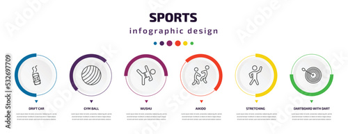 sports infographic element with icons and 6 step or option. sports icons such as drift car, gym ball, wushu, aikido, stretching, dartboard with dart vector. can be used for banner, info graph, web,