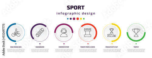 sport infographic element with icons and 6 step or option. sport icons such as man riding bike, snowboard, commentator, tower from a chess, podium with cup, trophy vector. can be used for banner,