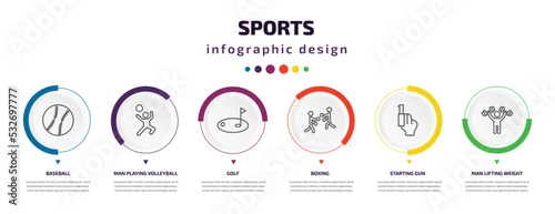sports infographic element with icons and 6 step or option. sports icons such as baseball, man playing volleyball, golf, boxing, starting gun, man lifting weight vector. can be used for banner, info