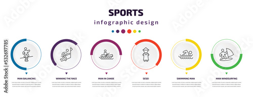 sports infographic element with icons and 6 step or option. sports icons such as man balancing, winning the race, man in canoe, sesei, swimming man, windsurfing vector. can be used for banner, info