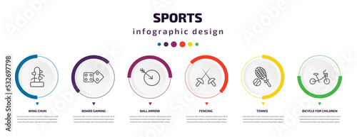 sports infographic element with icons and 6 step or option. sports icons such as wing chun, board gaming, ball arrow, fencing, tennis, bicycle for children vector. can be used for banner, info