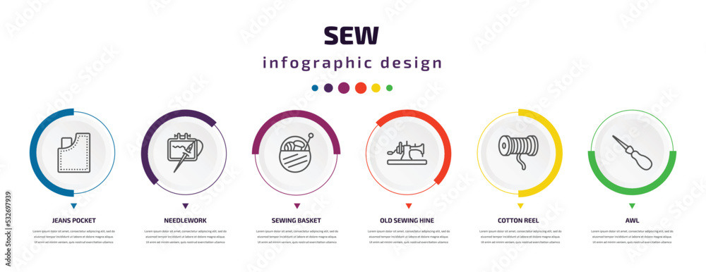 sew infographic element with icons and 6 step or option. sew icons such as jeans pocket, needlework, sewing basket, old sewing hine, cotton reel, awl vector. can be used for banner, info graph, web, sew infographic element with icons and 6 step or option. sew icons such as jeans pocket, needlework, sewing basket, old sewing hine, cotton reel, awl vector. can be used for banner, info graph, web,
