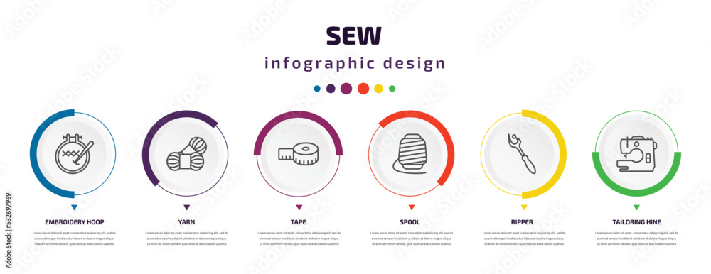 sew infographic element with icons and 6 step or option. sew icons such as embroidery hoop, yarn, tape, spool, ripper, tailoring hine vector. can be used for banner, info graph, web, presentations. sew infographic element with icons and 6 step or option. sew icons such as embroidery hoop, yarn, tape, spool, ripper, tailoring hine vector. can be used for banner, info graph, web, presentations.